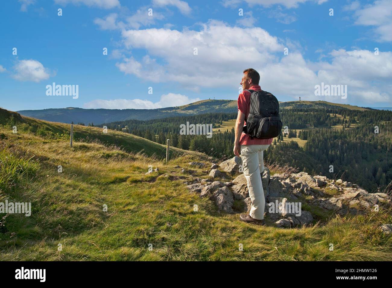 single hiker on the Herzogenhorn enjoys the view to the Feldberg in the Black Forest, Baden-Württemberg, Germany Stock Photo