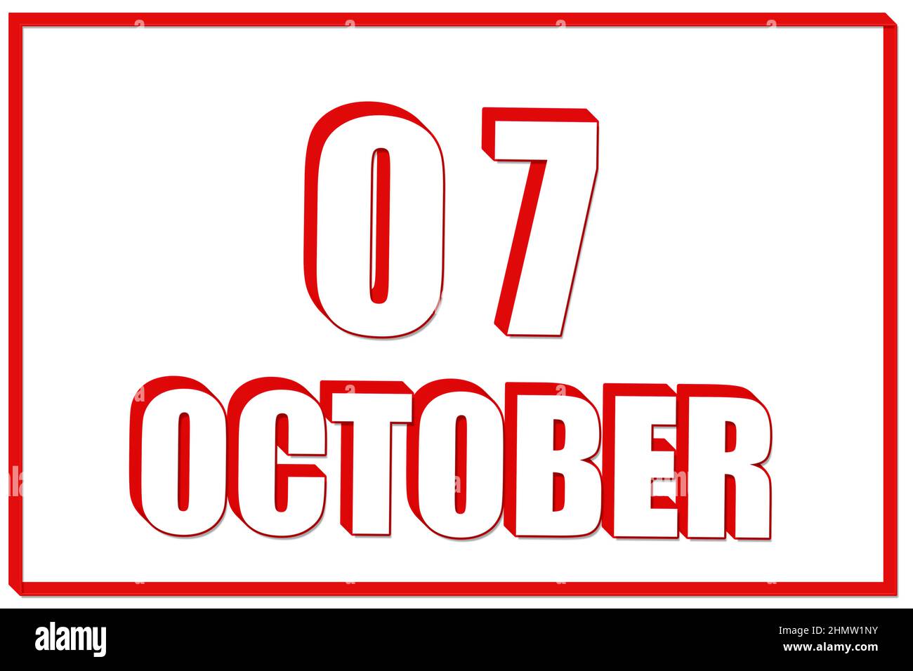 7th day of October. 3d calendar with the date of 7 October on white