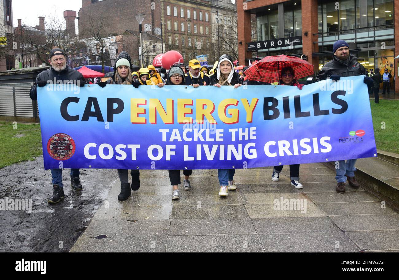 Manchester, UK, 12th February, 2022. Protest about high energy bills organised by Manchester Trades Council and Manchester People's Assembly - Austerity Cut it Out.  Protesters assembled in Piccadilly Gardens, central Manchester, UK, before marching through the city centre. Protests are also taking place in other cities in the UK. Organisers say: 'Fuel bills are due to rise by another 54% in April, at the same time that National Insurance goes up. RPI inflation is already 7.5%. Rents and interest rates are rising'. Credit: Terry Waller/Alamy Live News Stock Photo