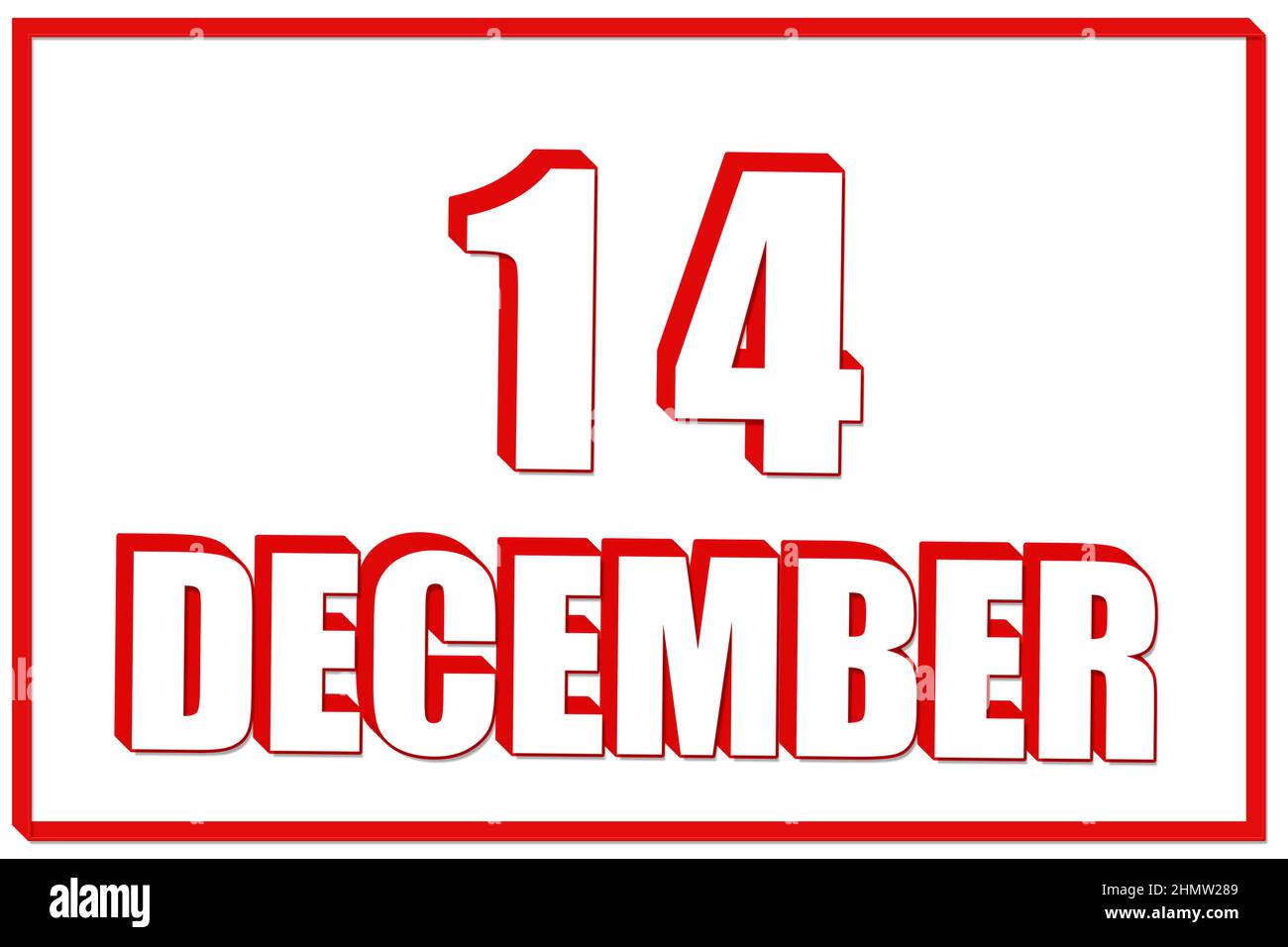 14th day of December. 3d calendar with the date of 14 December on white ...