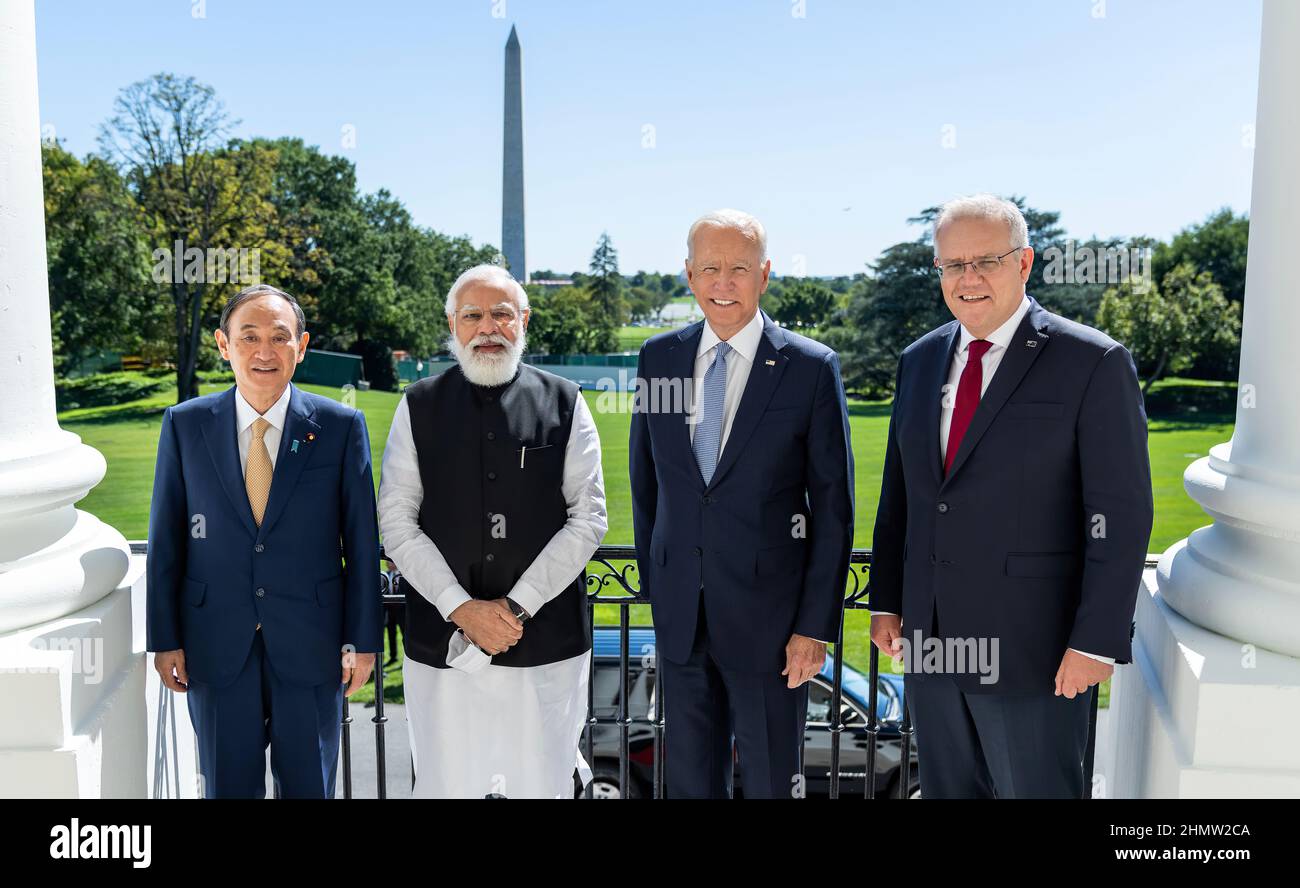 President Joe Biden poses for a family photo before the Quad Leaders' Summit with, from left, Japanese Prime Minister Yoshihide Suga, India Prime Minister Narendra Modi and Australian Prime Minister Scott Morrison, Friday, September 24, 2021, on the Blue Room Balcony of the White House. (Official White House Photo by Adam Schultz) Stock Photo