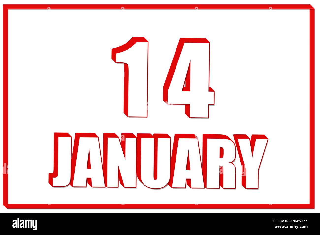 14th day of January. 3d calendar with the date of 14 January on white ...
