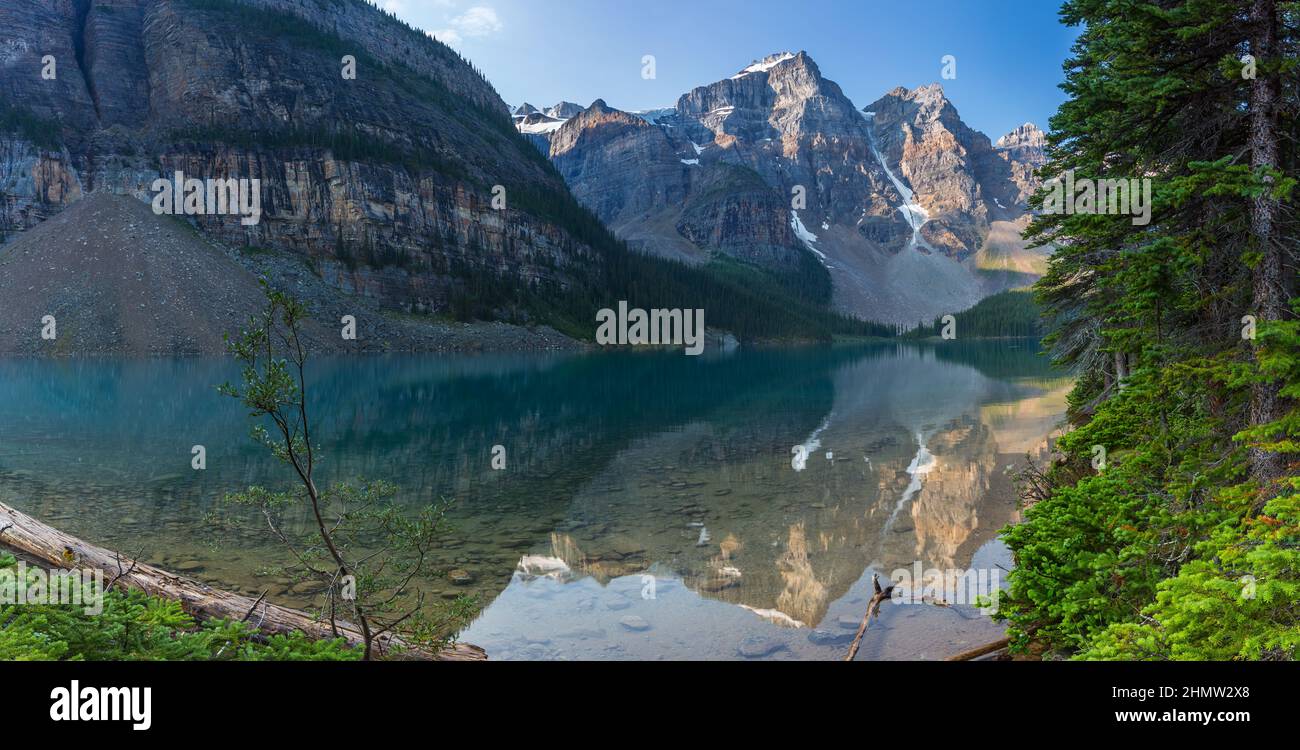 Moraine Lake in the morning at Sunrise in banff canada panorma Stock Photo