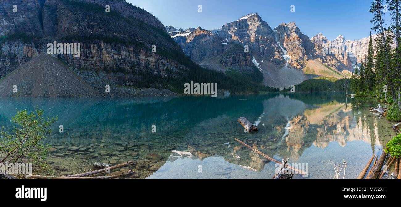 Moraine Lake in the morning at Sunrise in banff canada panorma Stock Photo