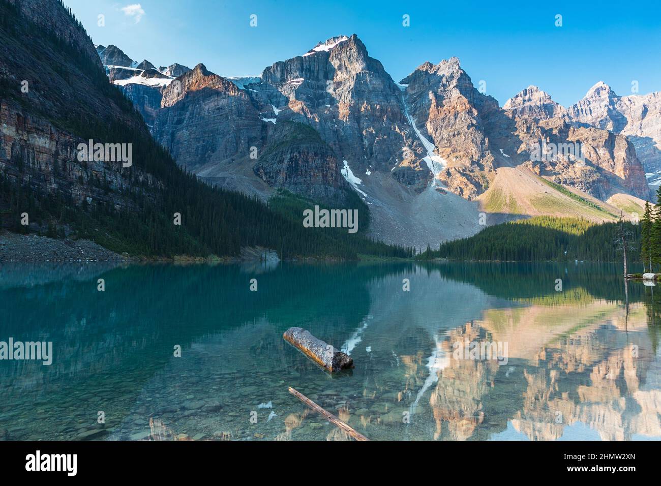 Moraine Lake at Sunrise Colorful Landscape in the banff national park canada Stock Photo