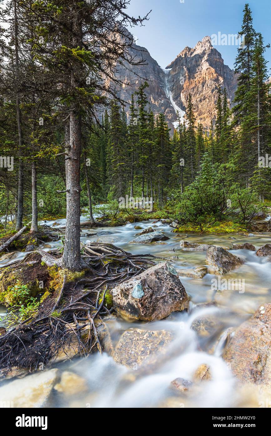 Waterfall at the far end of the Moraine Lake in the banff national park canda Stock Photo