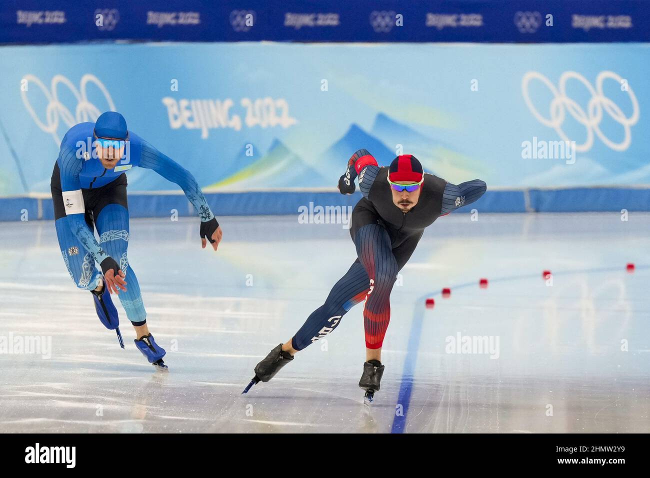 Beijing, China. 12th Feb, 2022. Great Britain's Cornelius Kersten (R) competes against Ivan Arzhanikov of Kazakhstan in the Men's 500 meter Speedskating Final at the Beijing 2022 Winter Olympics on Saturday, February 12, 2022. Photo by Paul Hanna/UPI Credit: UPI/Alamy Live News Stock Photo