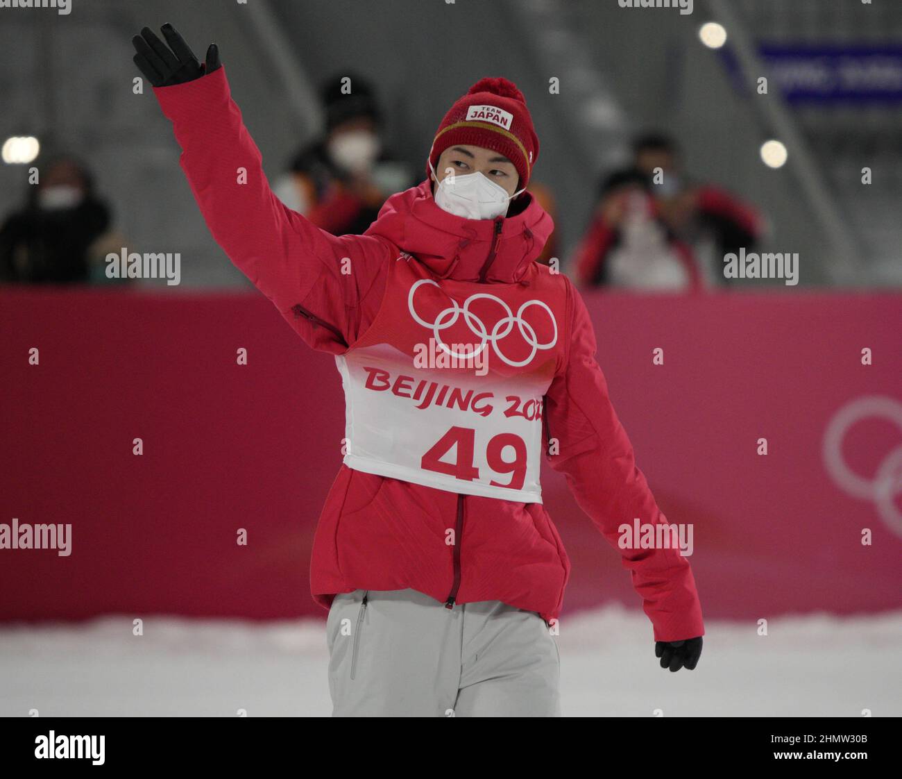 Zhangjiakou, China. 12th Feb, 2022. Silver medalist Ryoyu Kobayashi of Japan waves after the Men's Ski Jumping Individual Large Hill finals at the 2022 Winter Olympics in Zhangjiakou, China on Saturday, February 12, 2022. Norway's Marius Lindvik won the gold medal and Germany's Karl Geiger won the bronze medal. Photo by Bob Strong/UPI . Credit: UPI/Alamy Live News Stock Photo