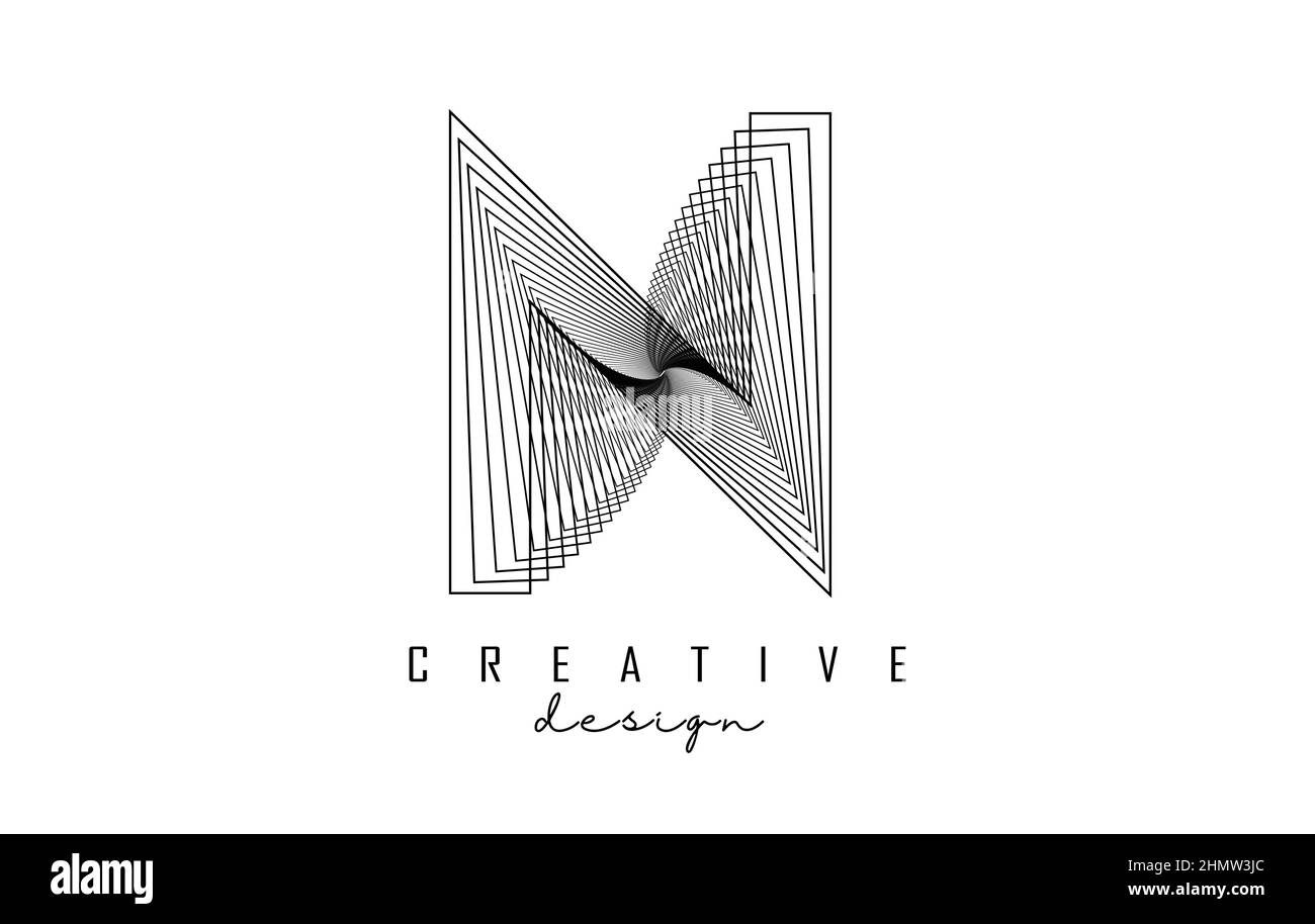 Letter N logo with lines and spiral effect. Vector illustration with