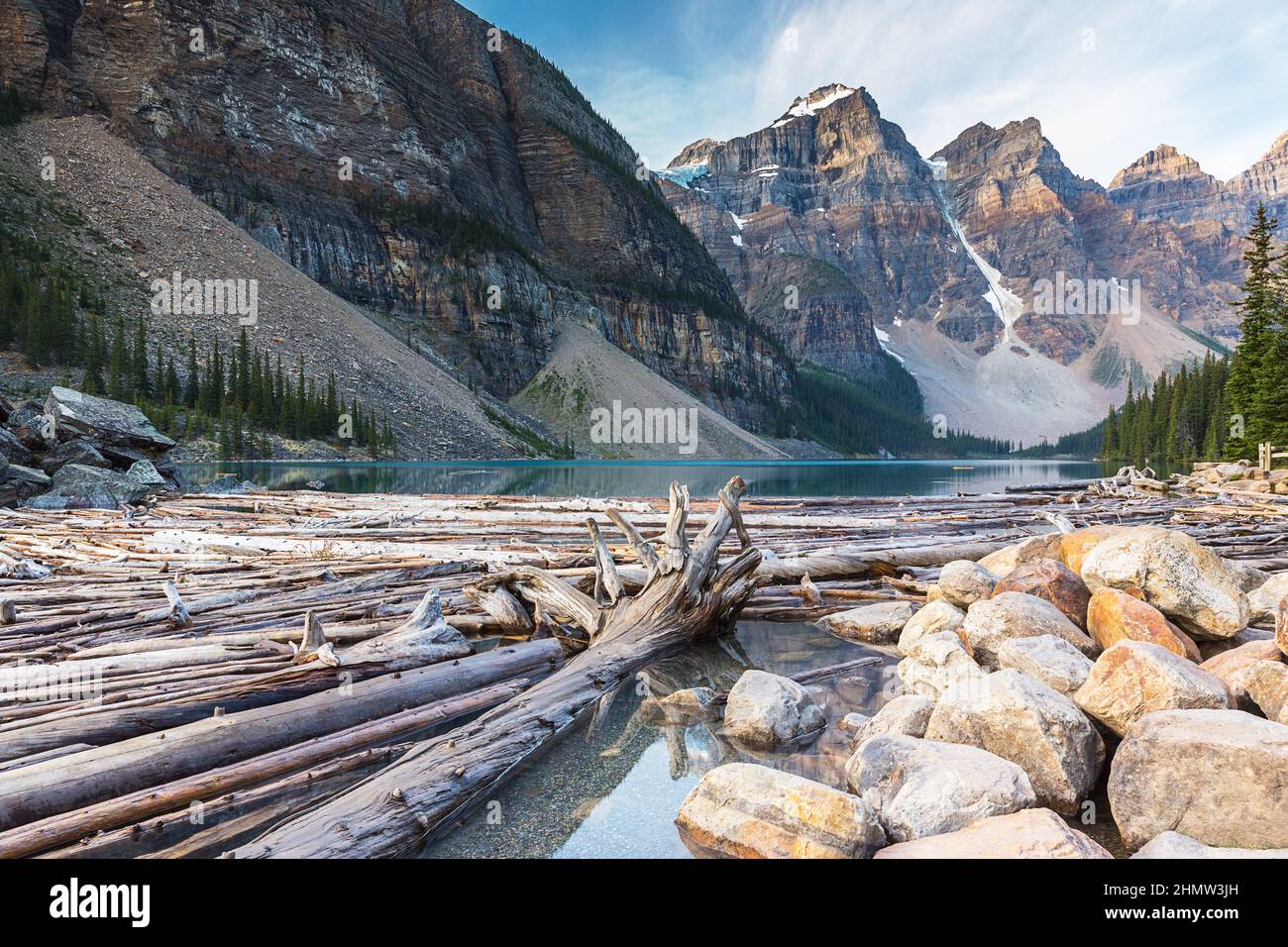 Sunrise over Moraine Lake, Banff National Park, Alberta, Canada Stock Photo