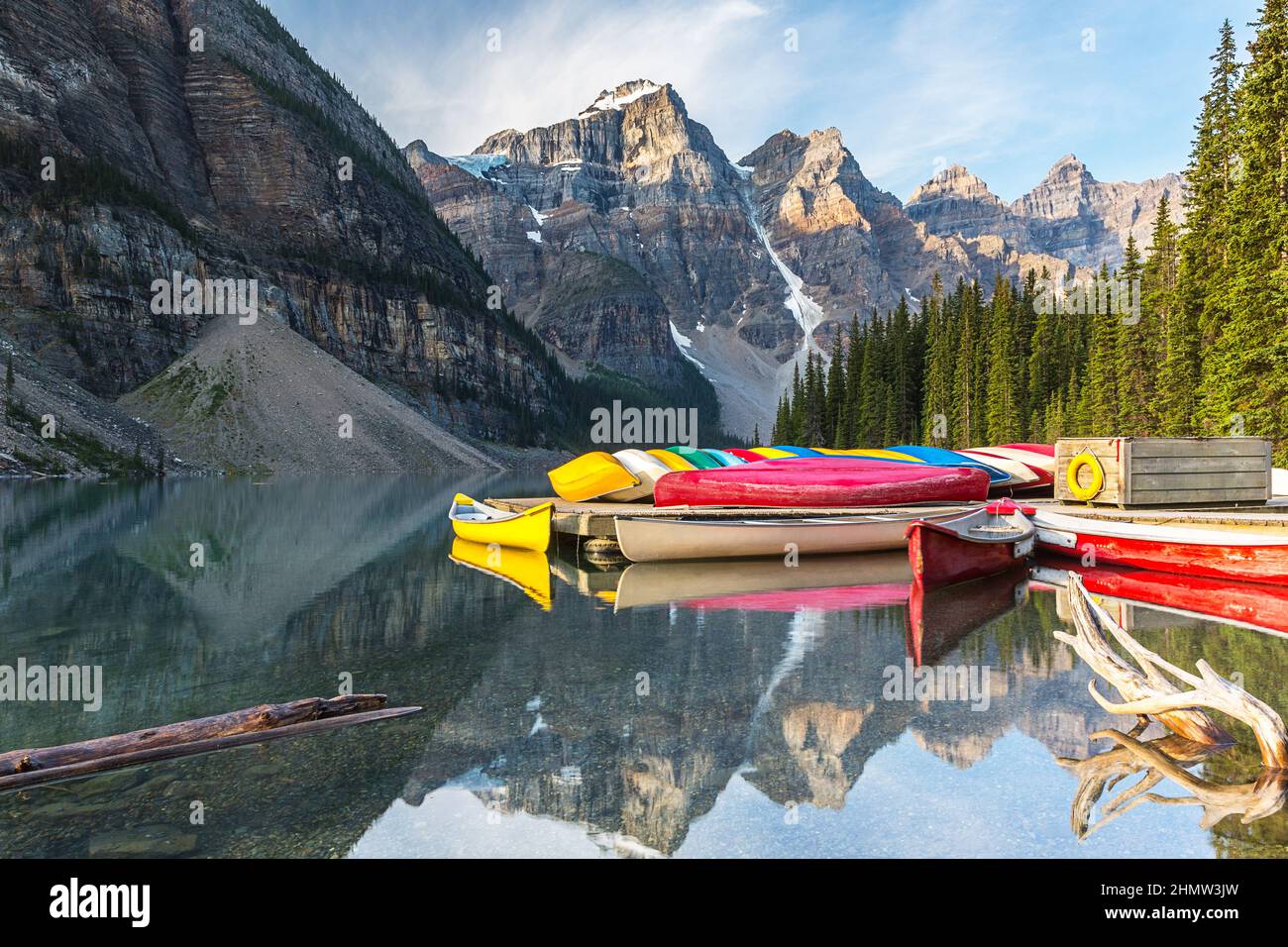 Canoeing at the moraine lake in banff canada Stock Photo