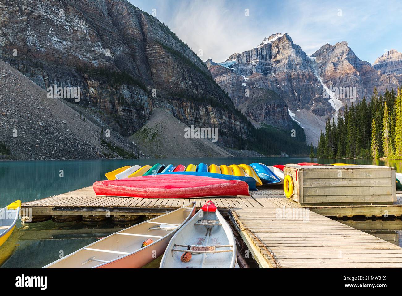 Canoes on Moraine Lake in the Banff National Park canada Stock Photo