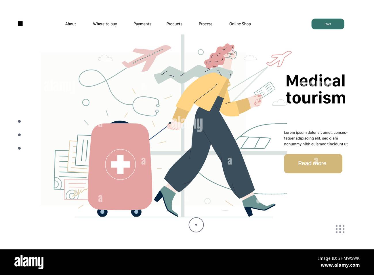 Medical tourism -medical insurance web template -modern flat vector concept digital illustration -young woman in the airport going to flight departure for the treatment abroad, medical toursm metaphor Stock Vector