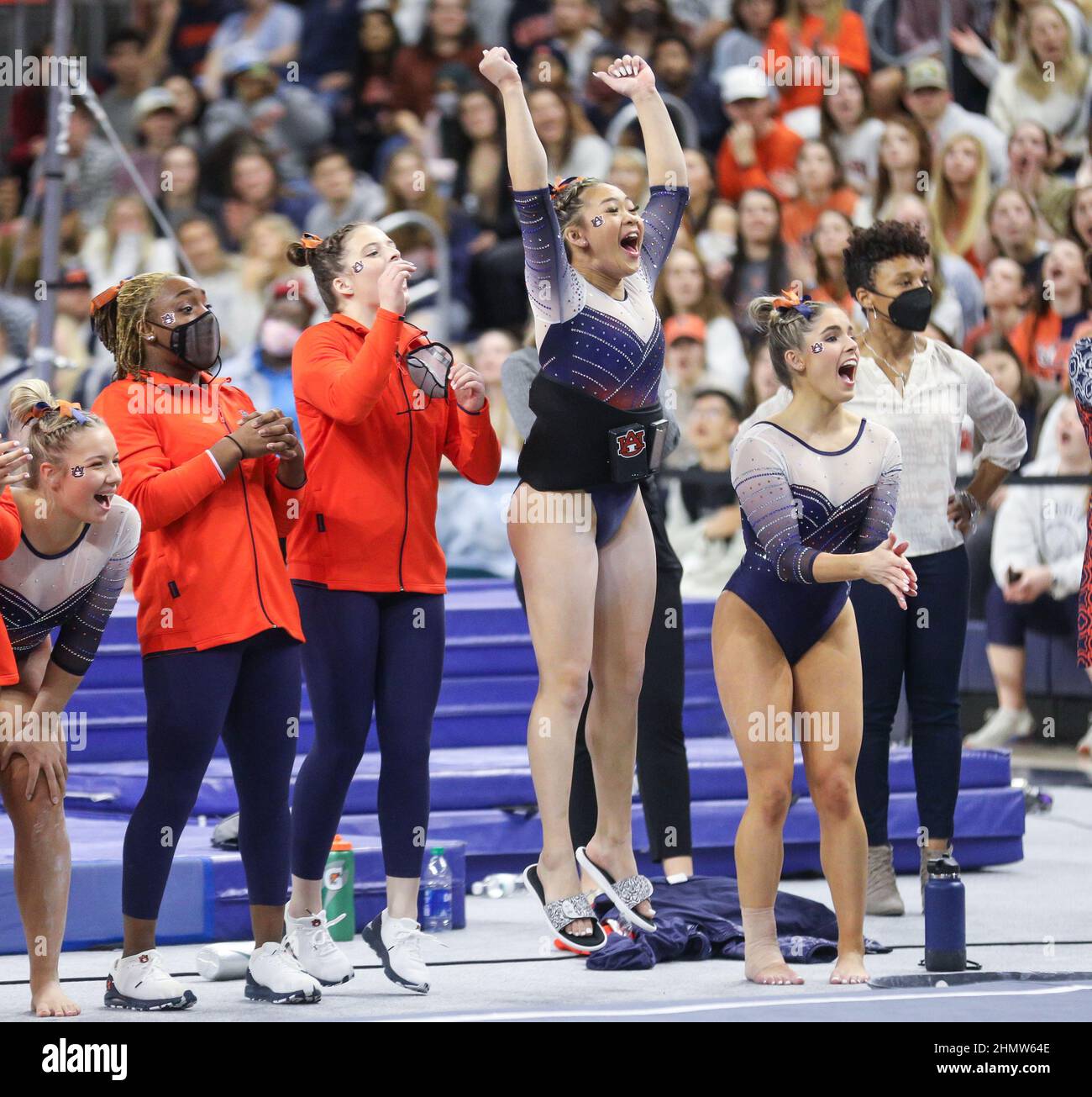 February 11, 2022 The Auburn gymnastics team roots on their teammate