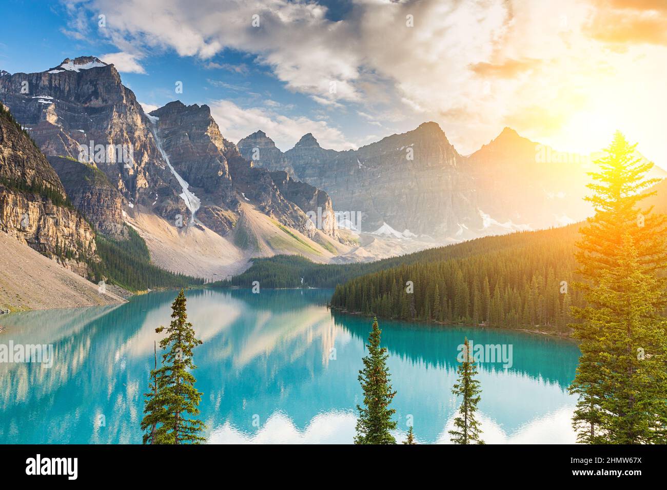 Moraine Lake at Sunrise in the Rocky Mountains, Alberta, Canada Stock Photo