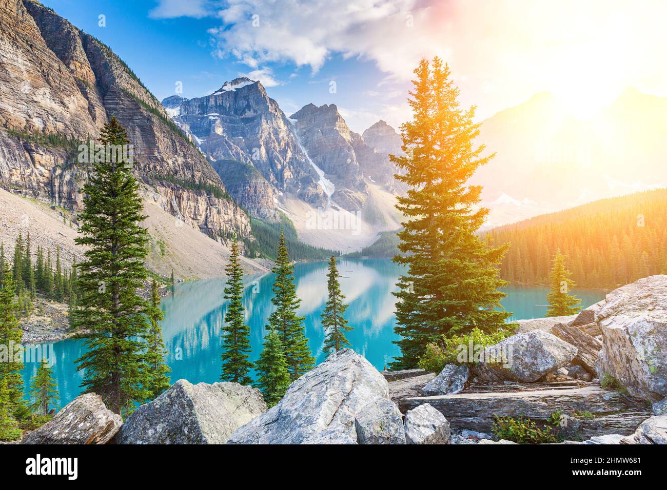 Dramatic Sunrise at Moraine Lake in Banff, Alberta, Canada Stock Photo