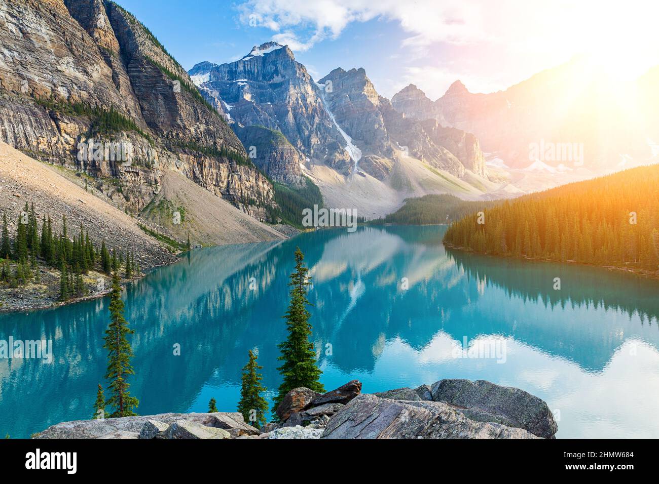 Moraine Lake at Sunrise in the Rocky Mountains, Alberta, Canada Stock Photo