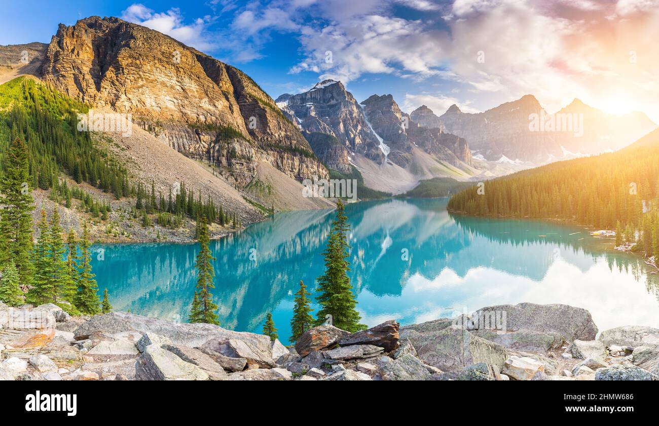 Moraine Lake during summer in Banff National Park panorma, Canadian Rockies, Alberta, Canada Stock Photo