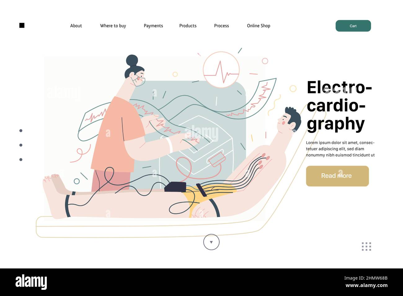 ECG electrocardiography -medical tests web template Modern flat vector concept digital illustration of ECG procedure -patient with sensors and doctor carrying out procedure, medical office, laboratory Stock Vector