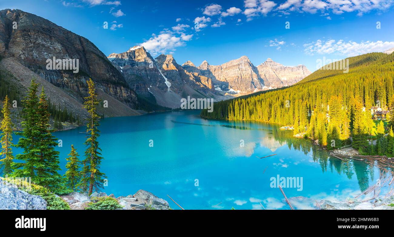 Moraine lake panorama in Banff National Park, Alberta, Canada Stock Photo