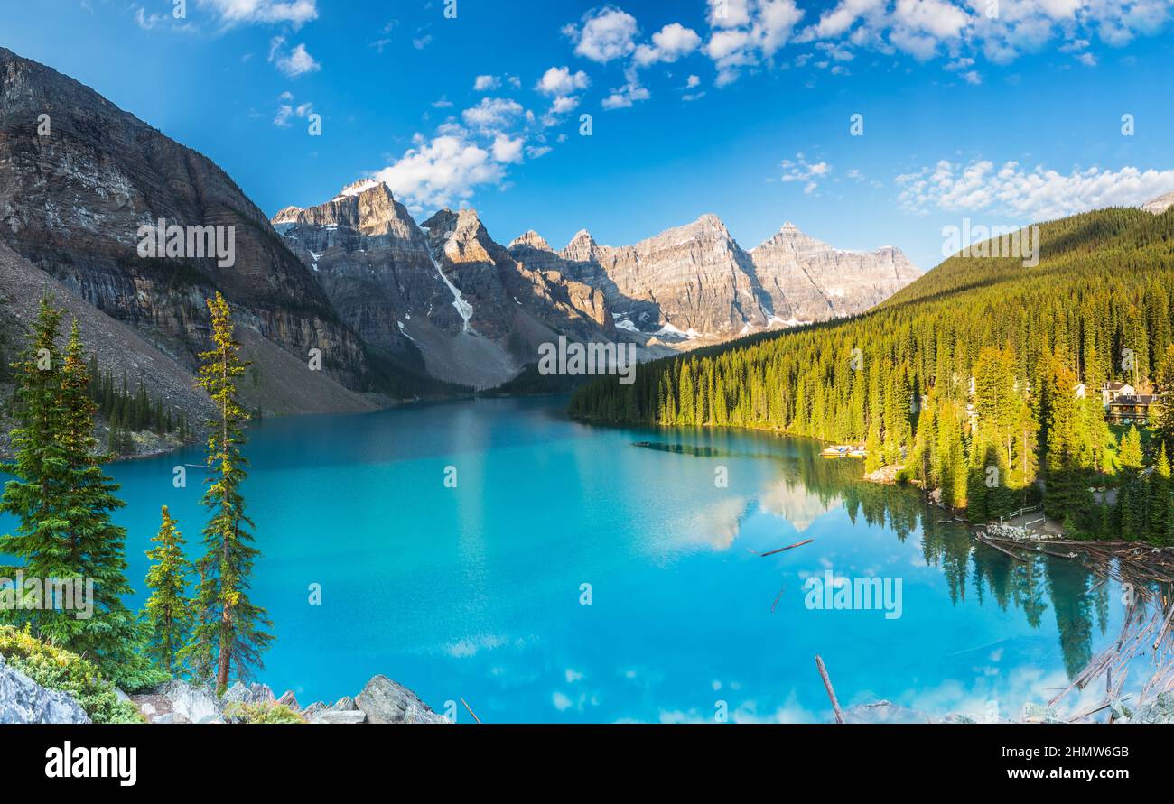 Moraine Lake panorama at the morning in the banff national park canada Stock Photo