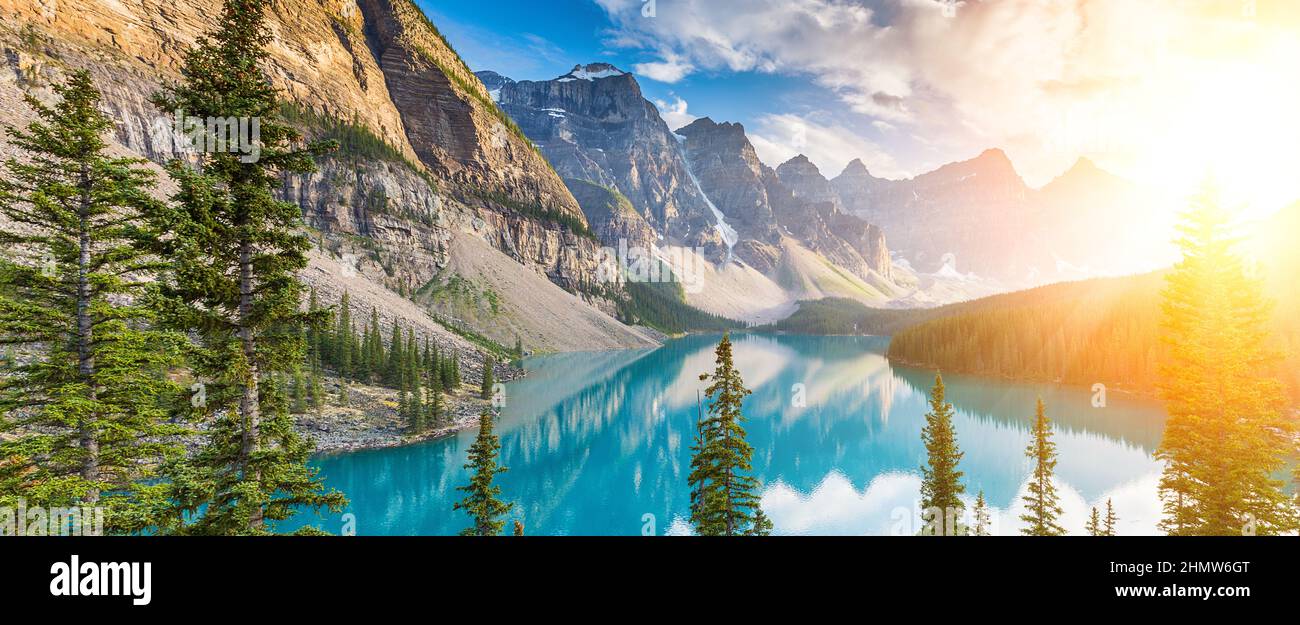 Sunrise at Moraine Lake Canada, panorma Stock Photo