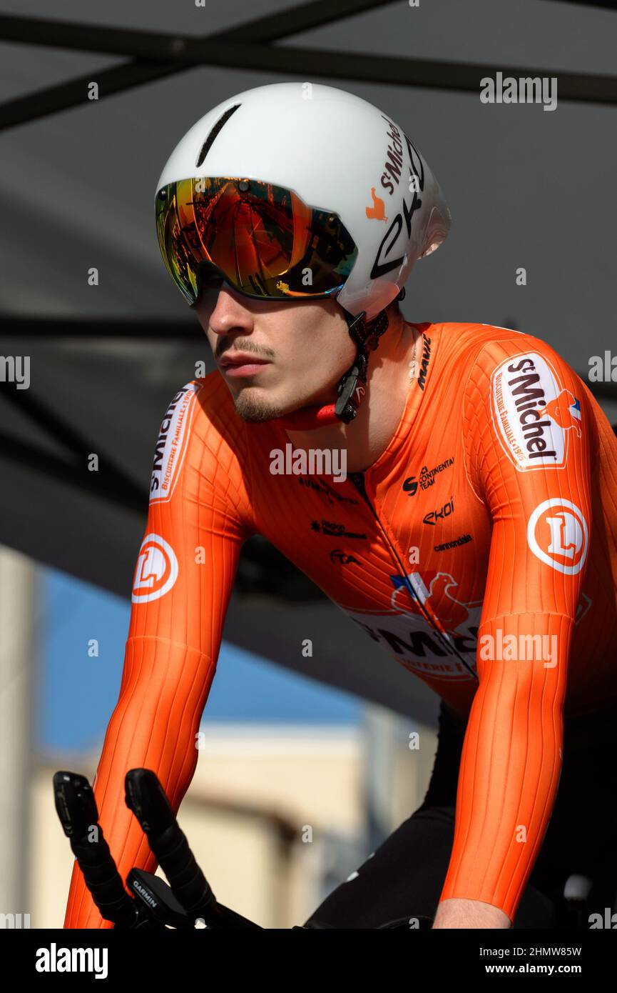 Joris Delbove (team St Michel Auber93) seen alert at the start of the prologue.The 7th edition of the Tour de La Provence takes place from 10 to 13 February 2022. The race has 3 stages and a prologue. The prologue is a 7.1 kilometre time trial in the town of Berre-l'etang (Bouches-du-Rhone). The winner of the prologue is Filippo Ganna. Credit: SOPA Images Limited/Alamy Live News Stock Photo