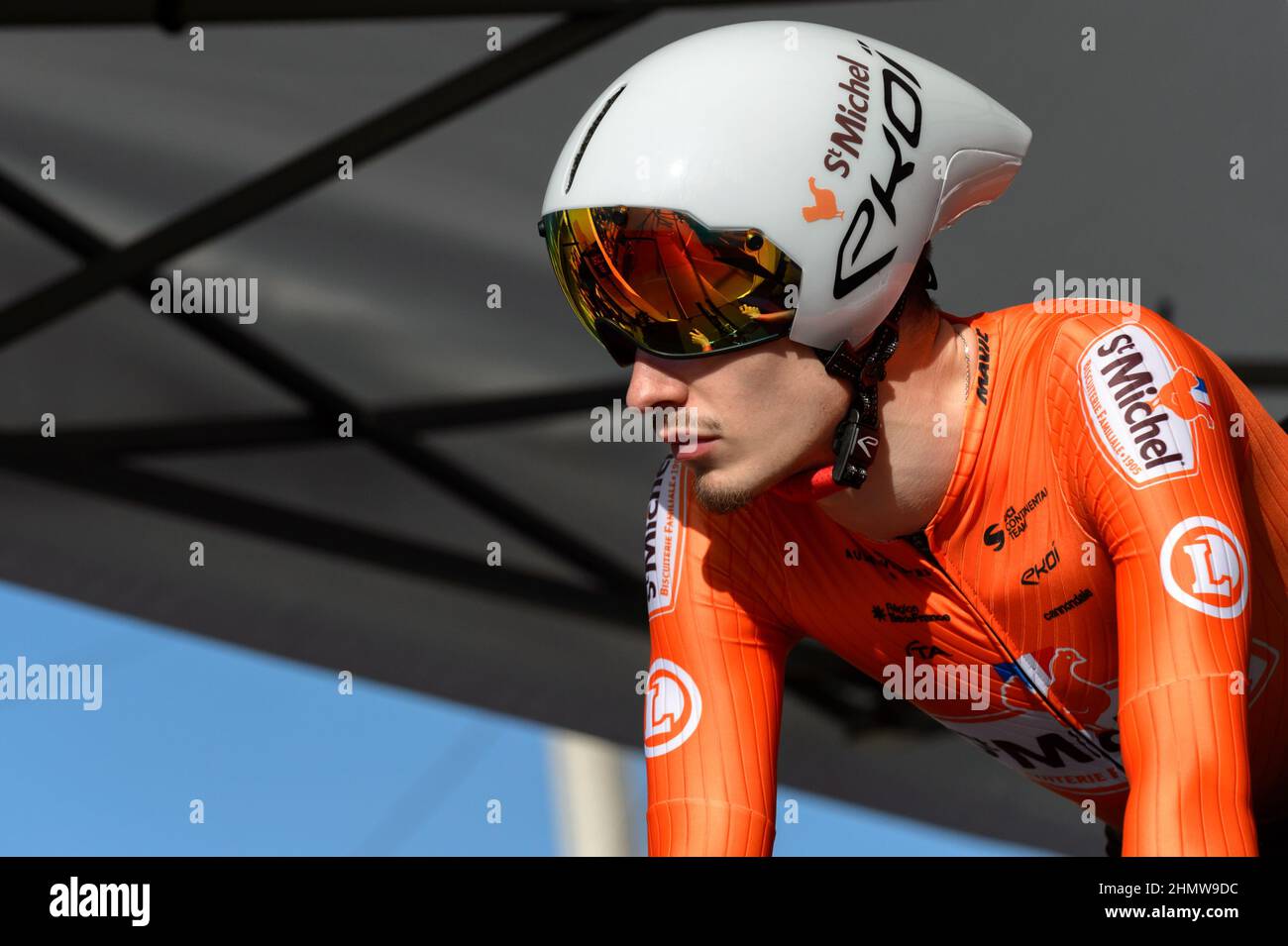 Joris Delbove (team St Michel Auber93) seen alert at the start of the prologue.The 7th edition of the Tour de La Provence takes place from 10 to 13 February 2022. The race has 3 stages and a prologue. The prologue is a 7.1 kilometre time trial in the town of Berre-l'etang (Bouches-du-Rhone). The winner of the prologue is Filippo Ganna. (Photo by Laurent Coust/SOPA Images/Sipa USA) Credit: Sipa USA/Alamy Live News Stock Photo