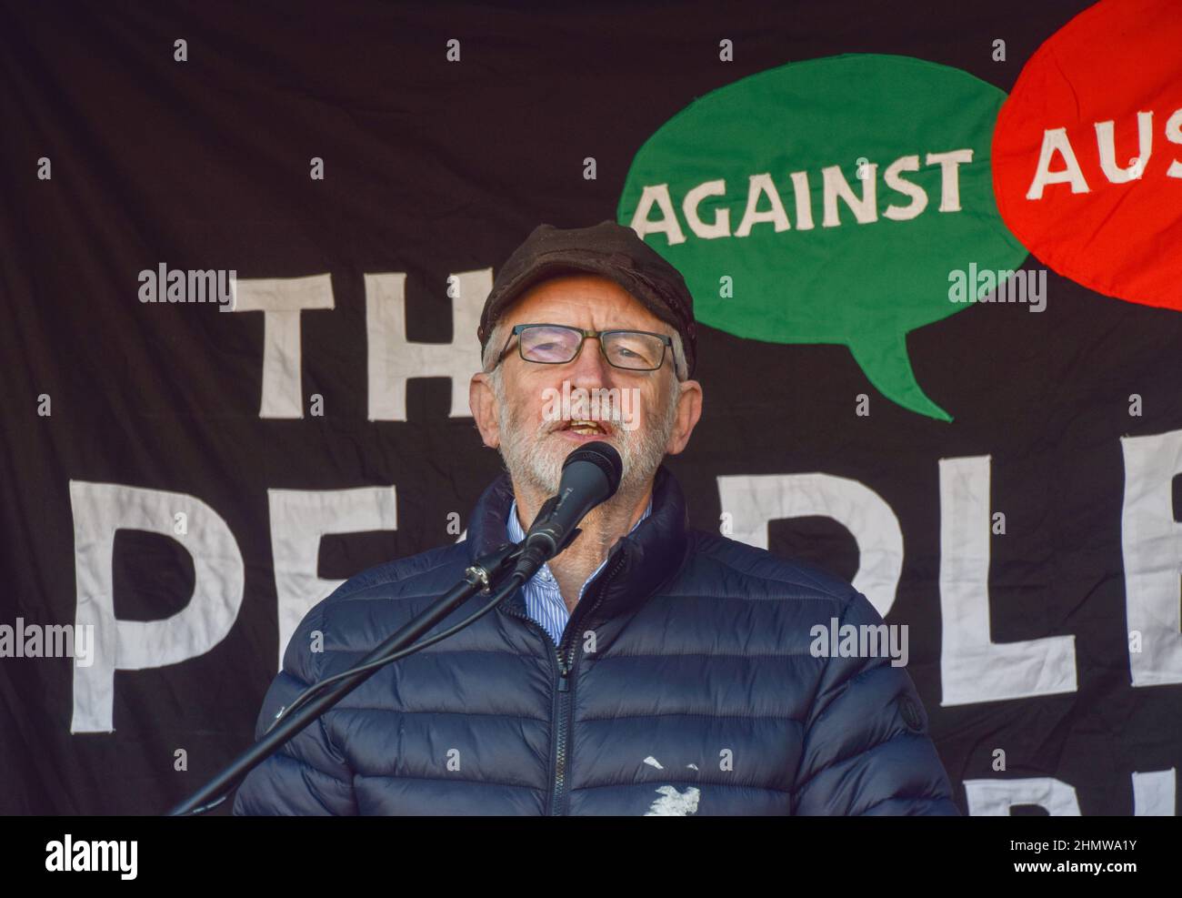 London, UK. 12th February 2022. Labour MP Jeremy Corbyn speaks during the protest. Demonstrators gathered in Parliament Square in protest against the increases in energy prices, fuel poverty and costs of living. Credit: Vuk Valcic/ Alamy Live News Stock Photo