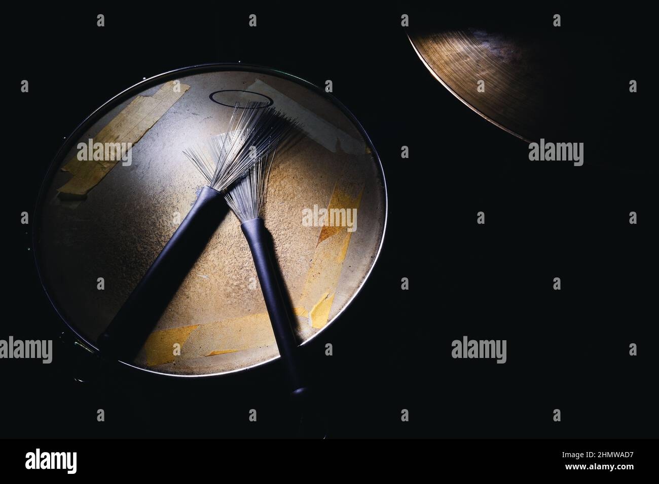 Drum snare and brushes in dark, closeup view Stock Photo Alamy