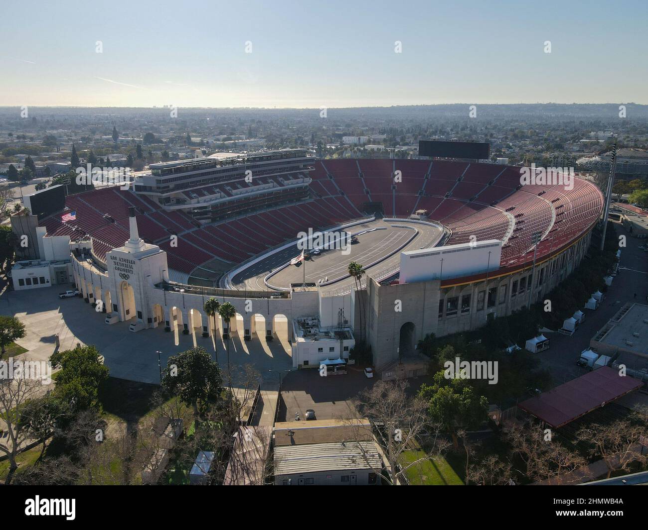General aerial overall view of construction of a NASCAR track being built at the Los Angeles Memorial Coliseum on Monday, Jan 24, 2022 in Los Angeles. Stock Photo