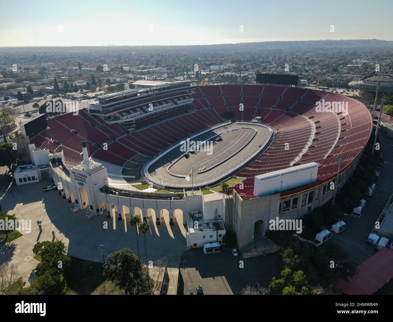 General aerial overall view of construction of a NASCAR track being built at the Los Angeles Memorial Coliseum on Monday, Jan 24, 2022 in Los Angeles. Stock Photo