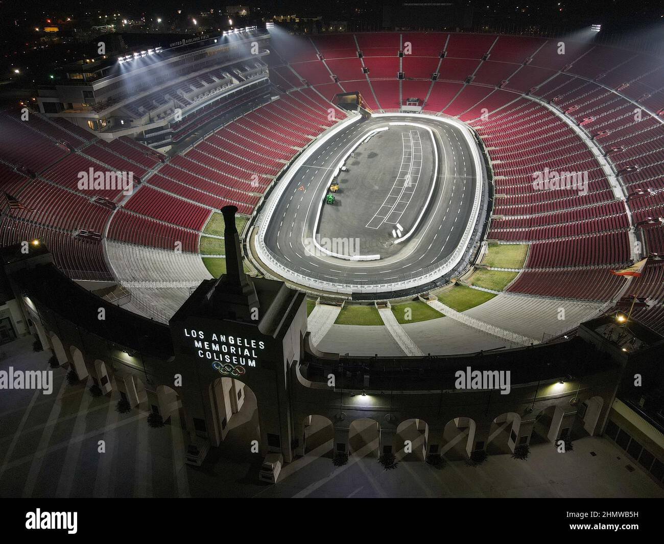 General aerial overall view of construction of a NASCAR track being built at the Los Angeles Memorial Coliseum on Monday, Jan 24, 2022 in Los Angeles. Stock Photo