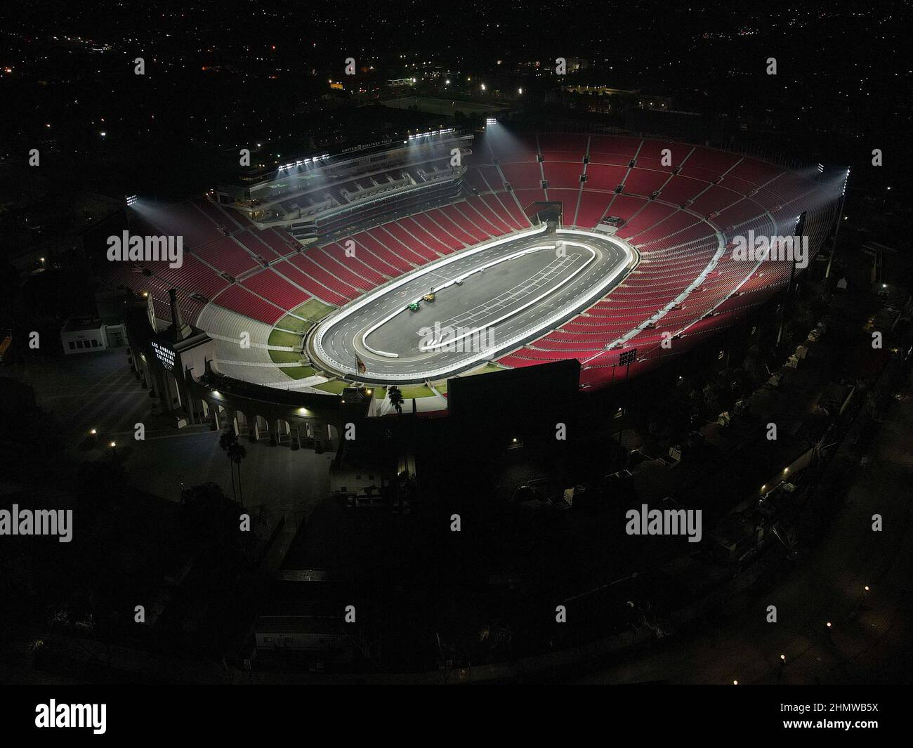 General aerial overall view of construction of a NASCAR track being built at the Los Angeles Memorial Coliseum on Monday, Jan 24, 2022 in Los Angeles. Stock Photo