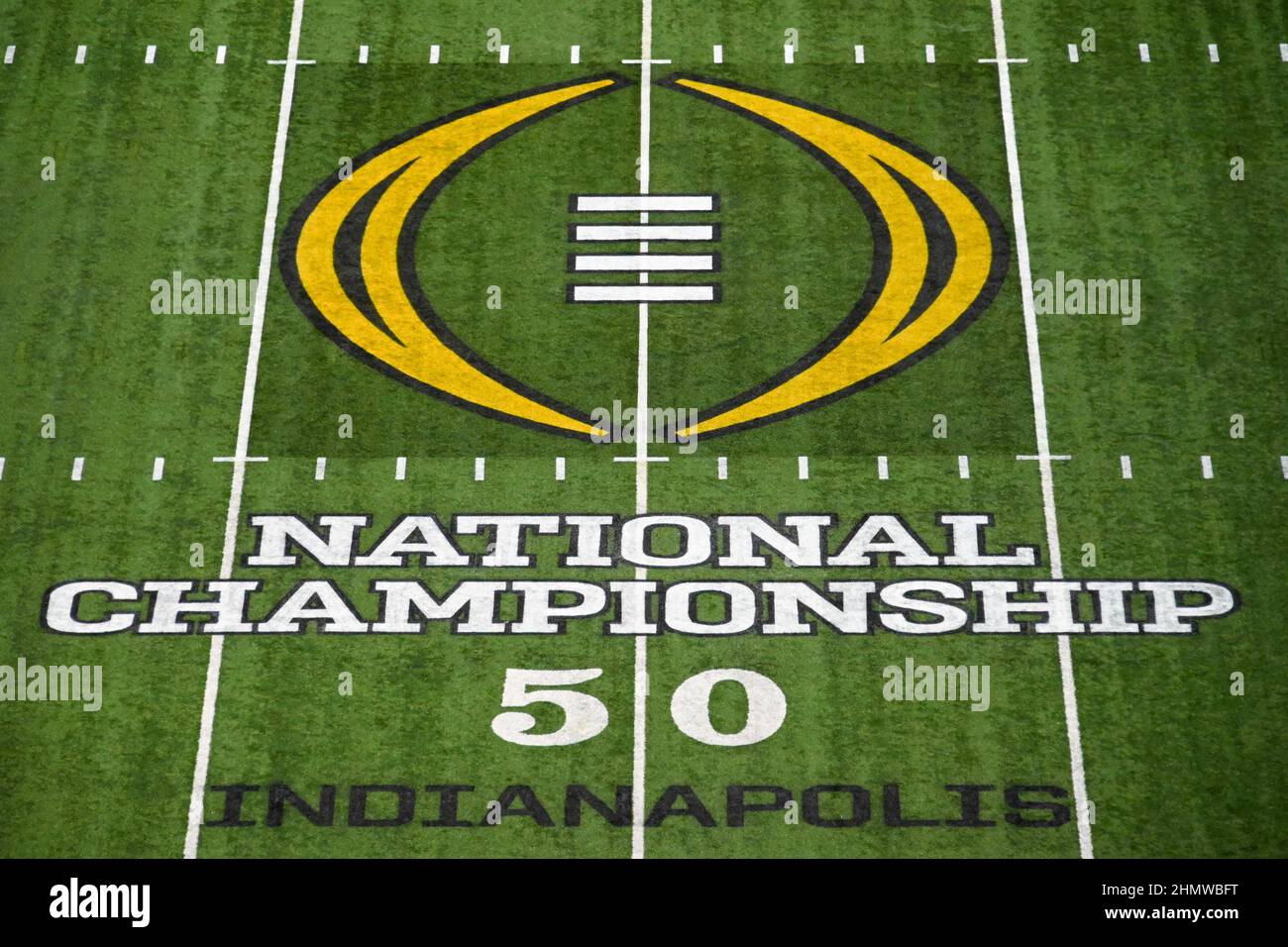 Detailed view of the CFP logo on the field in Lucas Oil Stadium before the College Football National Championship game between Alabama Crimson Tide an Stock Photo