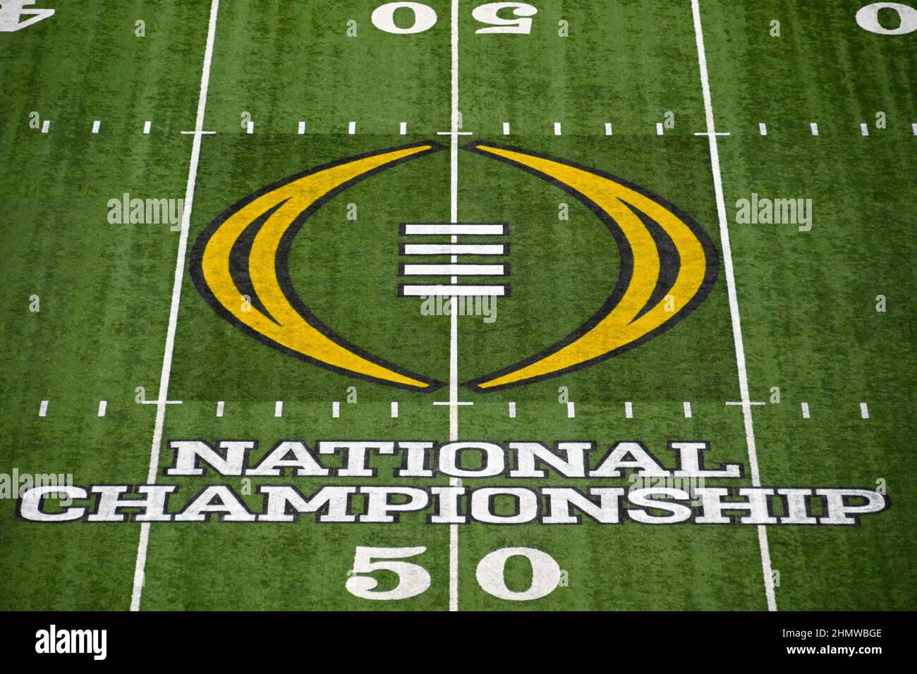 Detailed view of the CFP logo on the field in Lucas Oil Stadium before the College Football National Championship game between Alabama Crimson Tide an Stock Photo