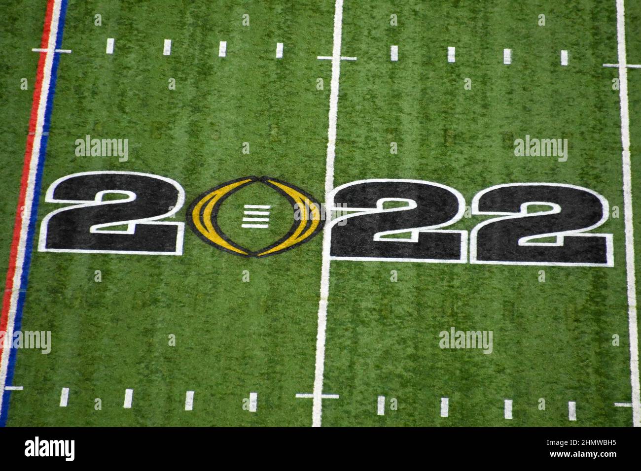 Detailed view of the CFP logo on the field in Lucas Oil Stadium before the College Football National Championship game between Alabama Crimson Tide an Stock Photo