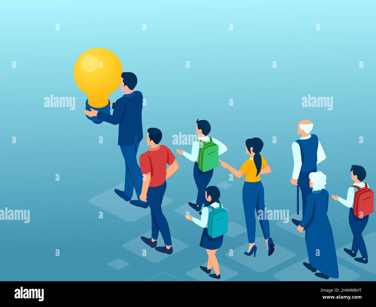 Vector of a group of people of different age follow the leader holding a light bulb. Stock Vector