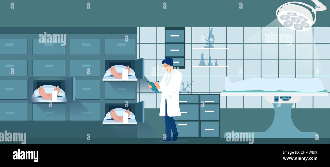 Vector of a doctor pathologist standing in the morgue Stock Vector
