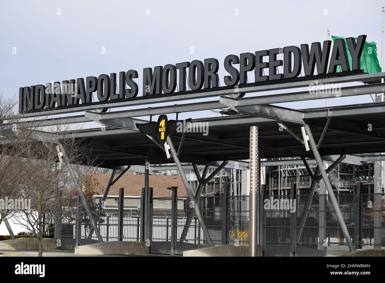 A general view of the Indianapolis Motor Speedway entrance on Saturday, Jan. 9, 2022, in Speedway, In. The speedway hosts the annual Indy 500, Brickya Stock Photo