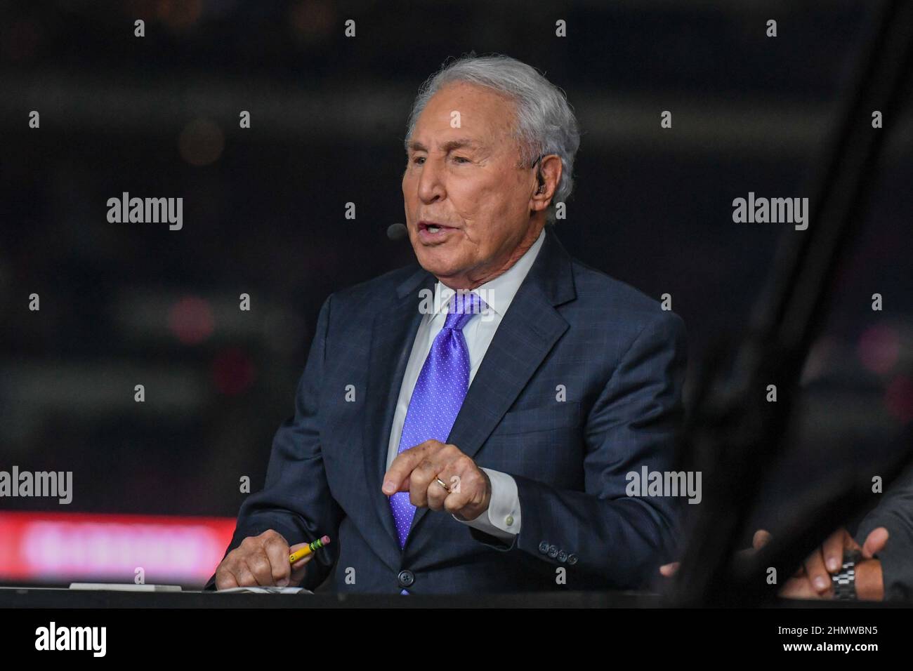 ESPN analyst Lee Corso before the College Football National Championship game between Alabama Crimson Tide and Georgia Bulldogs, Monday, Jan. 10, 2022 Stock Photo