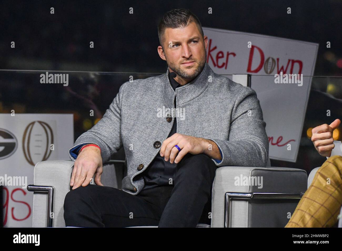 ESPN and SEC Network college football analyst Tim Tebow before the College Football National Championship game between the Georgia Bulldogs and Alabam Stock Photo