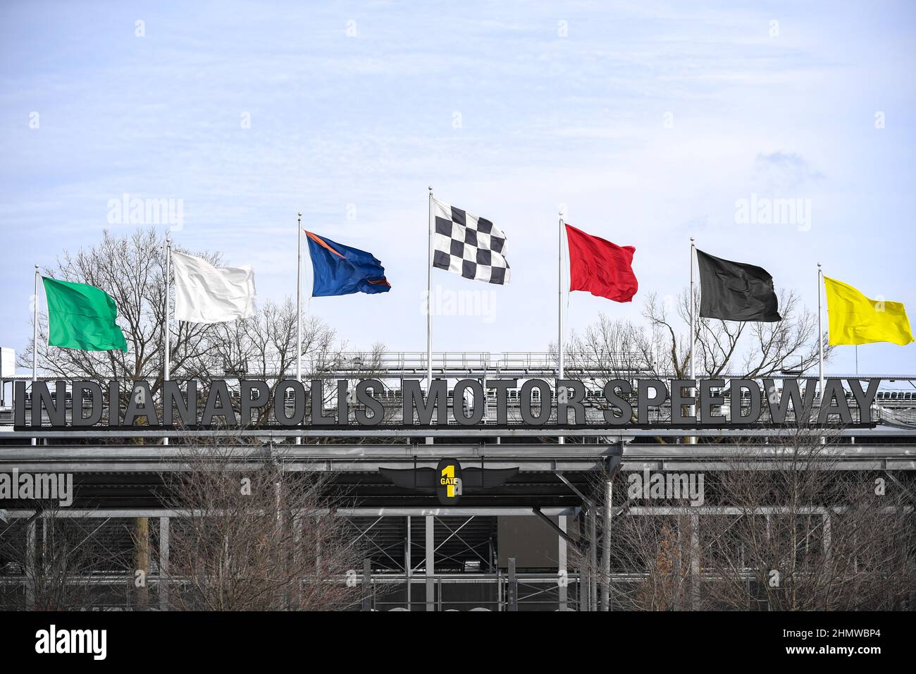 A general view of the Indianapolis Motor Speedway entrance on Saturday, Jan. 9, 2022, in Speedway, In. The speedway hosts the annual Indy 500, Brickya Stock Photo