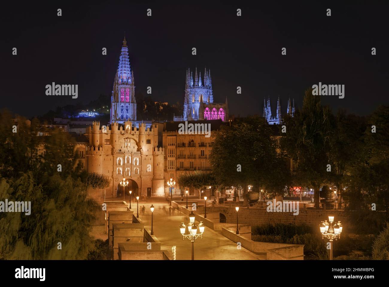Burgos Cathedral Illuminated at Night, Spain Stock Photo