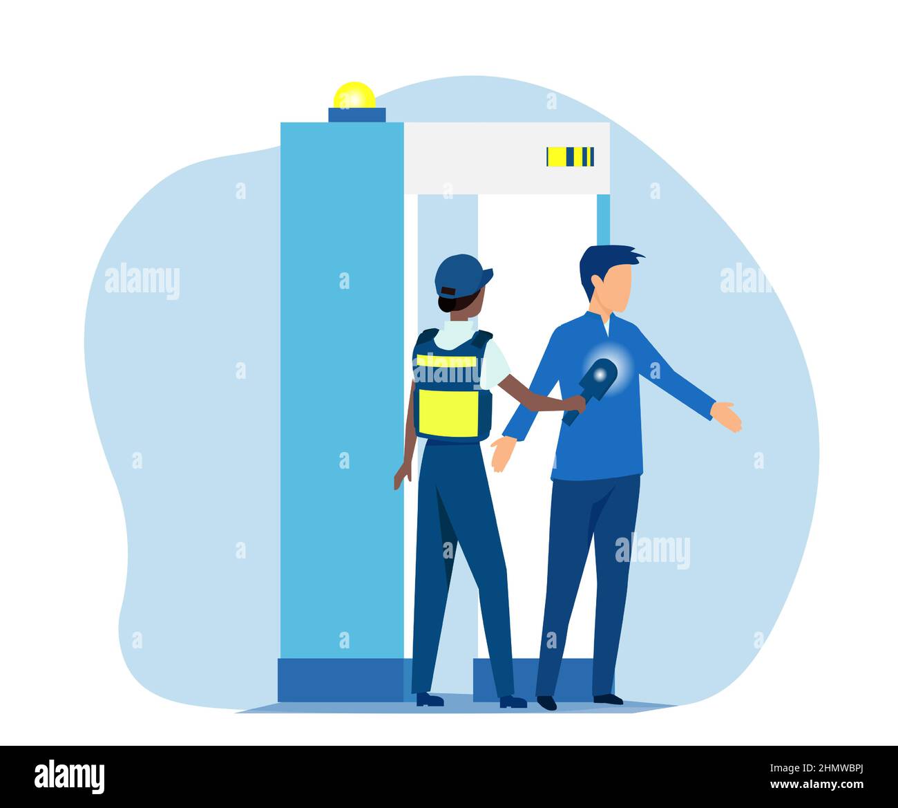 Vector of an airport female security guard checking passenger with metal detector and scanner. Stock Vector
