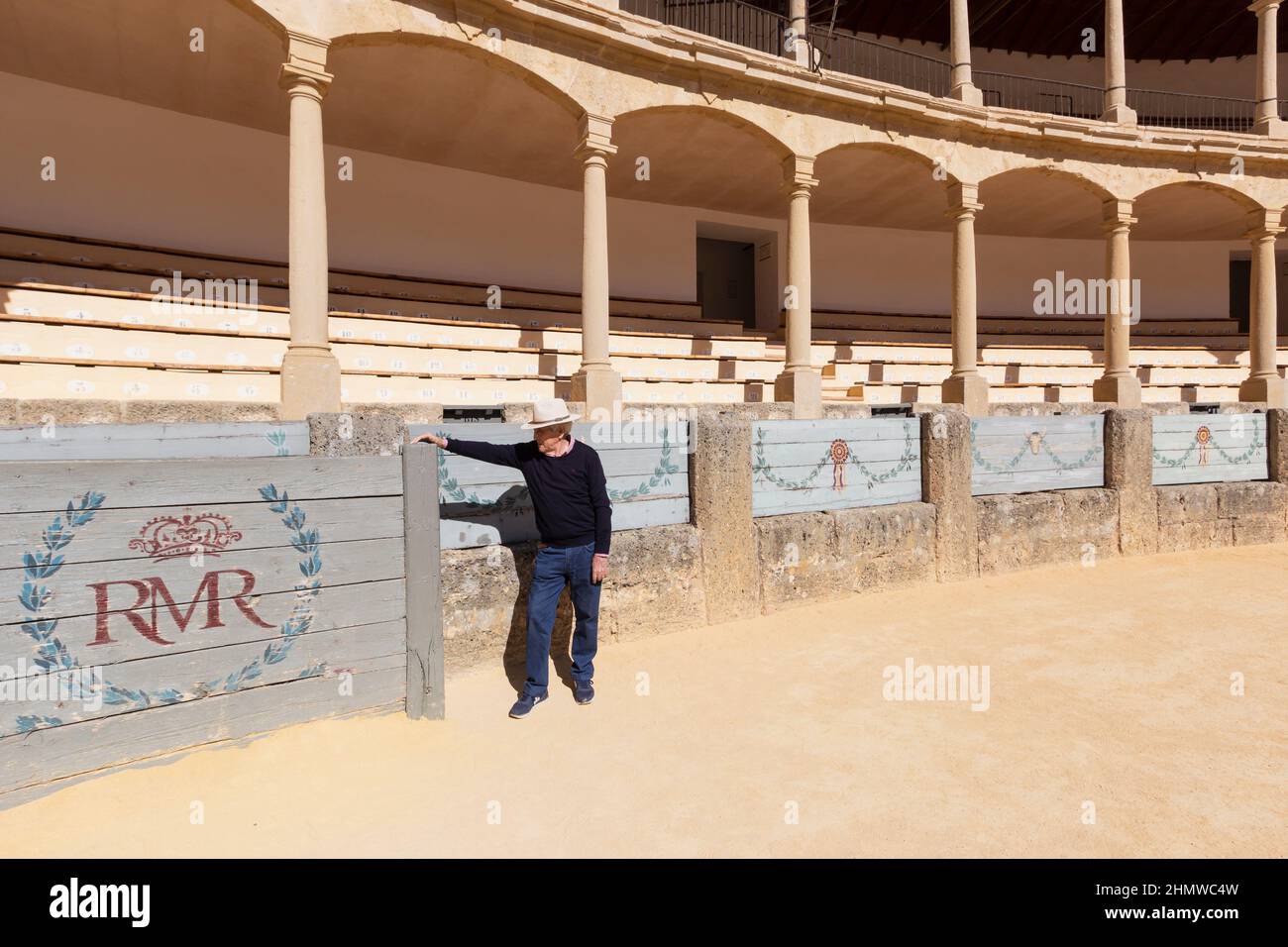Ronda, Malaga Province, Andalusia, Spain.  Man in the bullring. Stock Photo