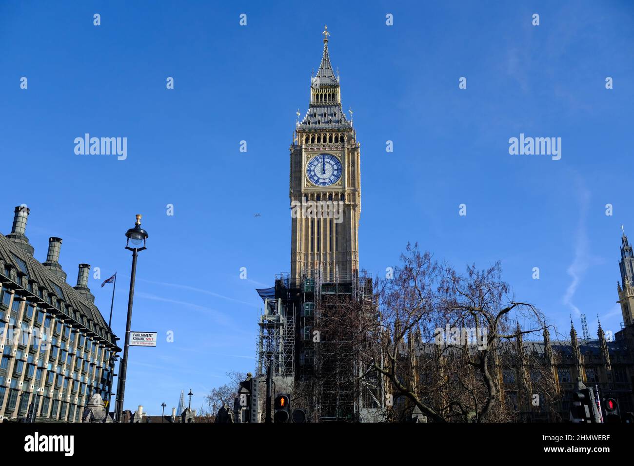 LONDON - 12TH FEBRUARY 2022: Big Ben emerges from the scaffolding after 5 year renovation. Stock Photo