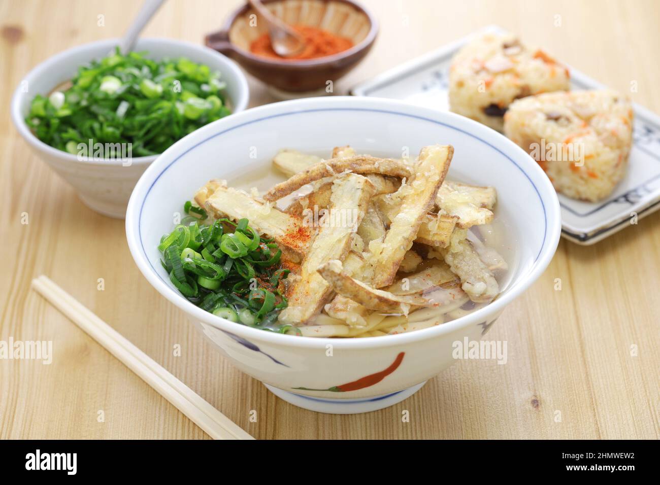 burdock tempura udon noodles soup, japanese food Stock Photo