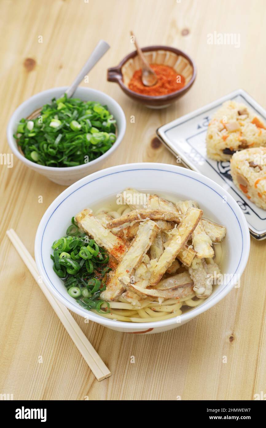 burdock tempura udon noodles soup, japanese food Stock Photo