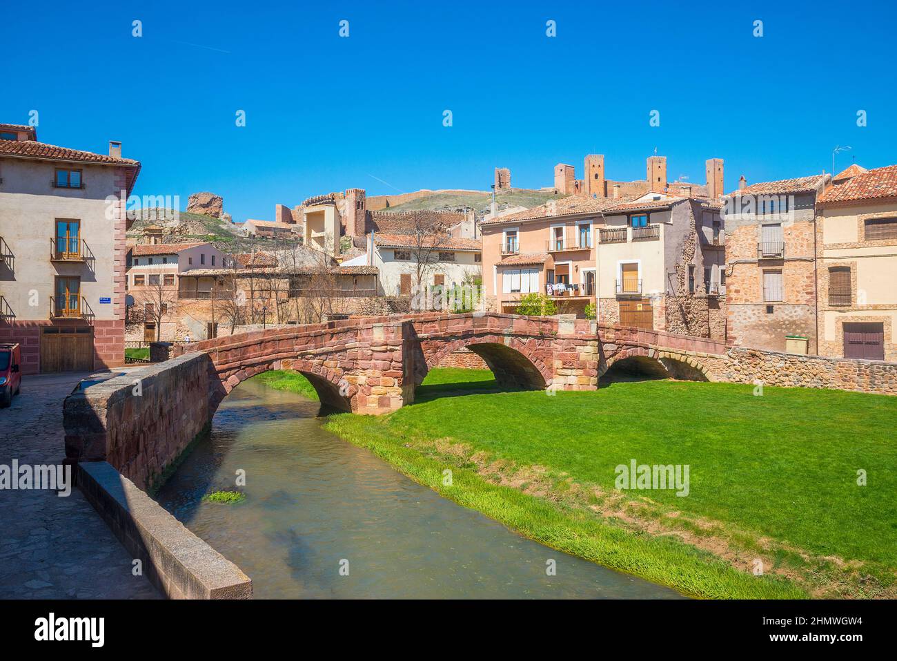 Medieval bridge and overview. Molina de Aragon, Guadalajara province, Castilla La Mancha, Spain. Stock Photo
